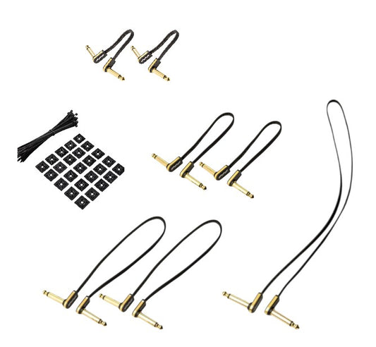 Two-Row Pedalboard Low-Profile Wiring Kit - 7x Mixed-Length EBS Premium Gold Flat Patch Cables + RockBoard Cable Organizer Set