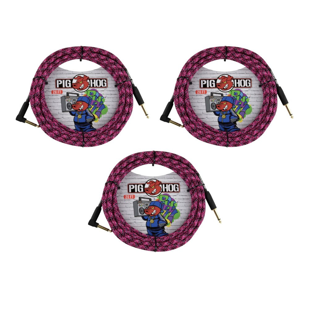 FX Loop and Input Kit - 3x Pig Hog PCH20GPKR Tour Grade 20ft Straight to Right Angle Instrument Cable, Pink Graffiti