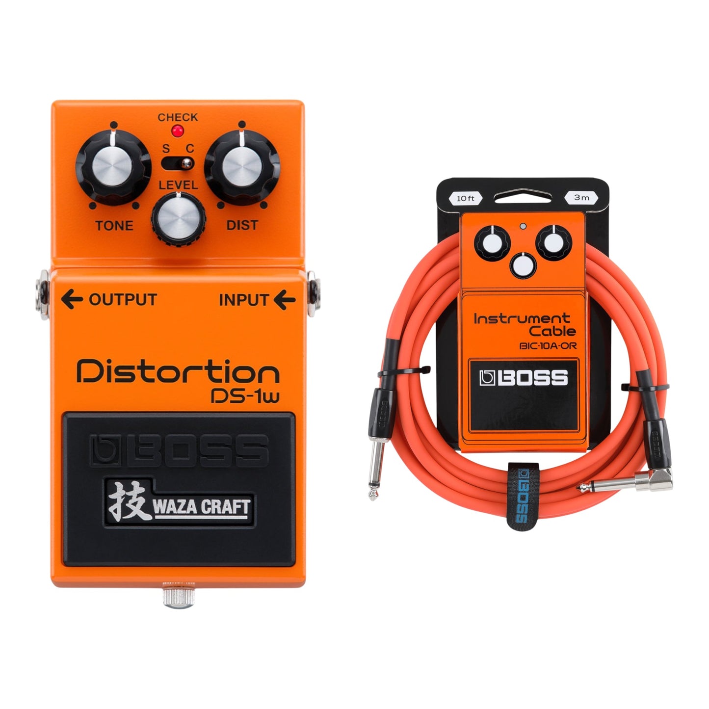 BOSS DS-1W Waza Craft Distortion + BIC-10A-OR 10ft Instrument Cable, Orange