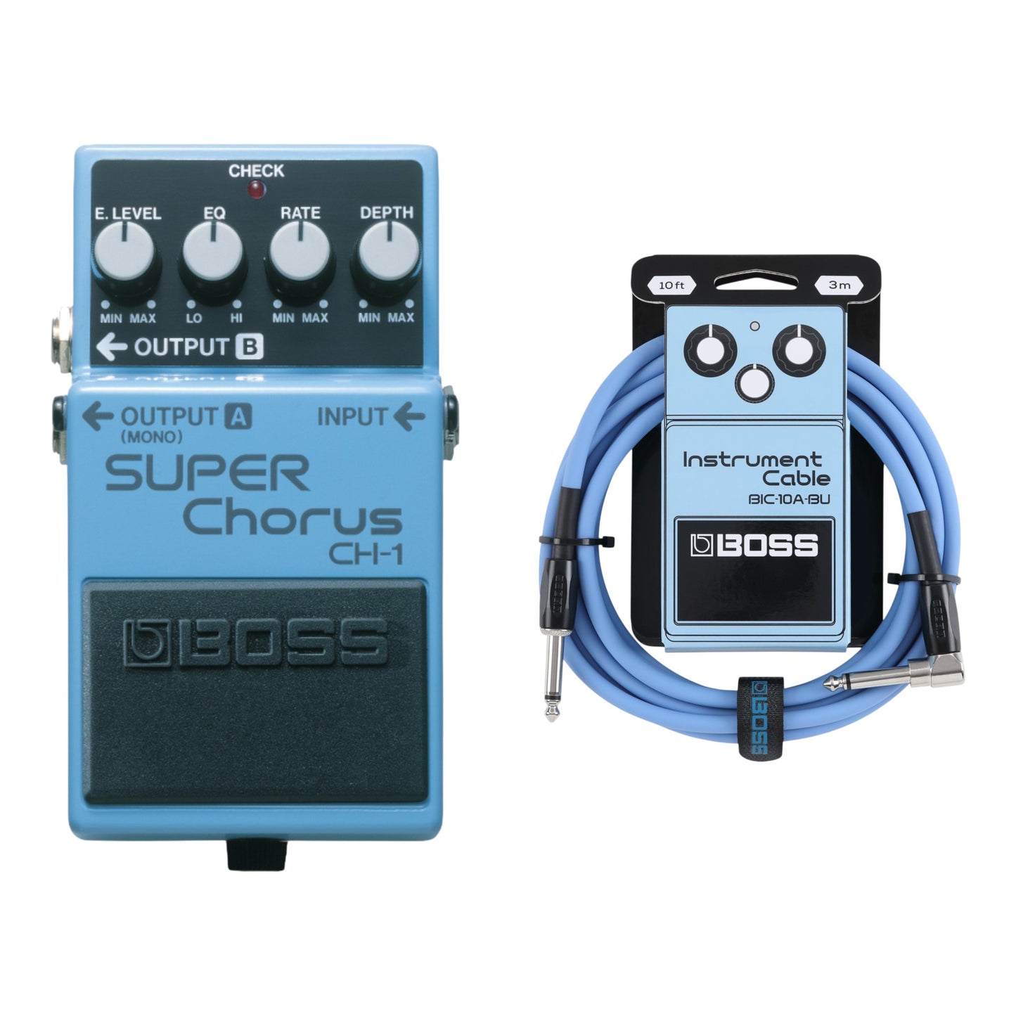 BOSS CH-1 Stereo Super Chorus + BIC-10A-BU 10ft Instrument Cable, Blue