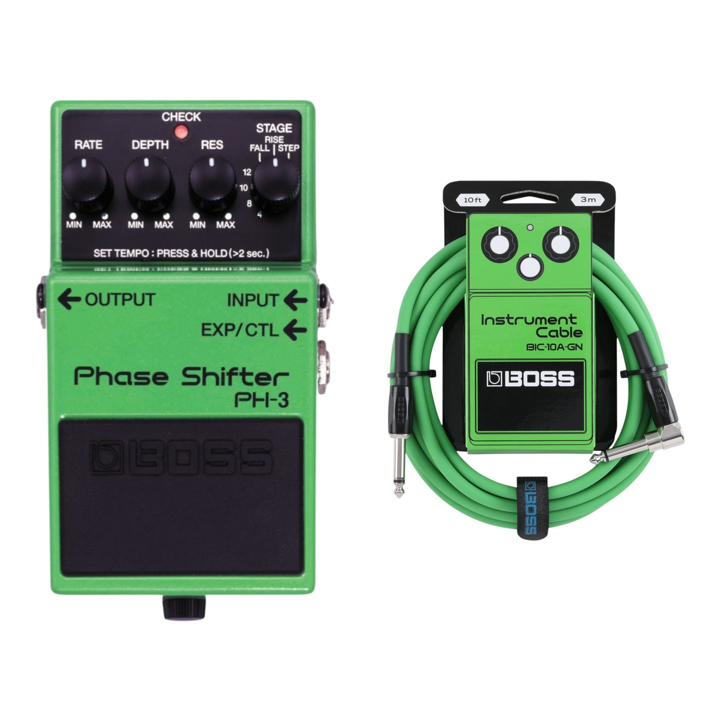 Boss PH-3 Phase Shifter + BIC-10A-GN 10ft Instrument Cable, Green