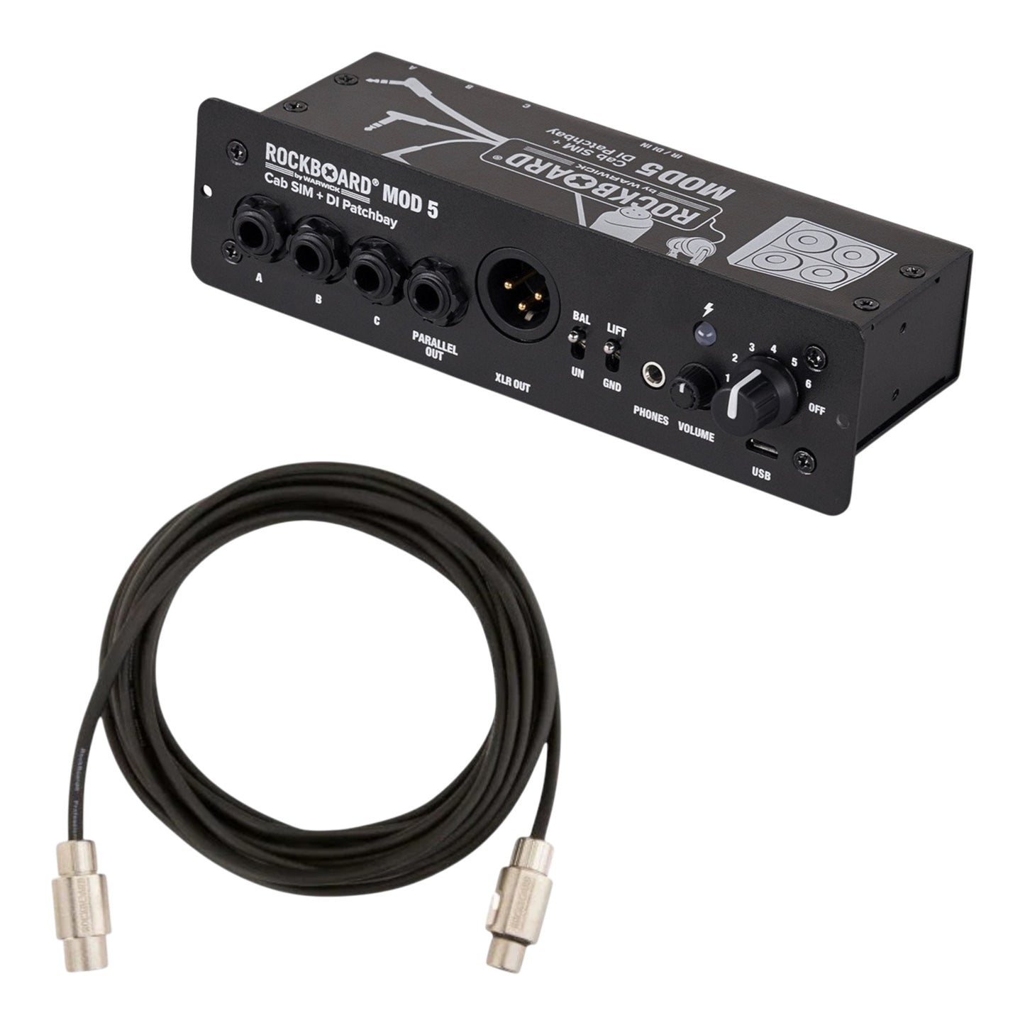 Rockboard Cab Sim to FOH Kit - MOD5 Cab Sim DI Patchbay + Flat XLR Cable 20ft