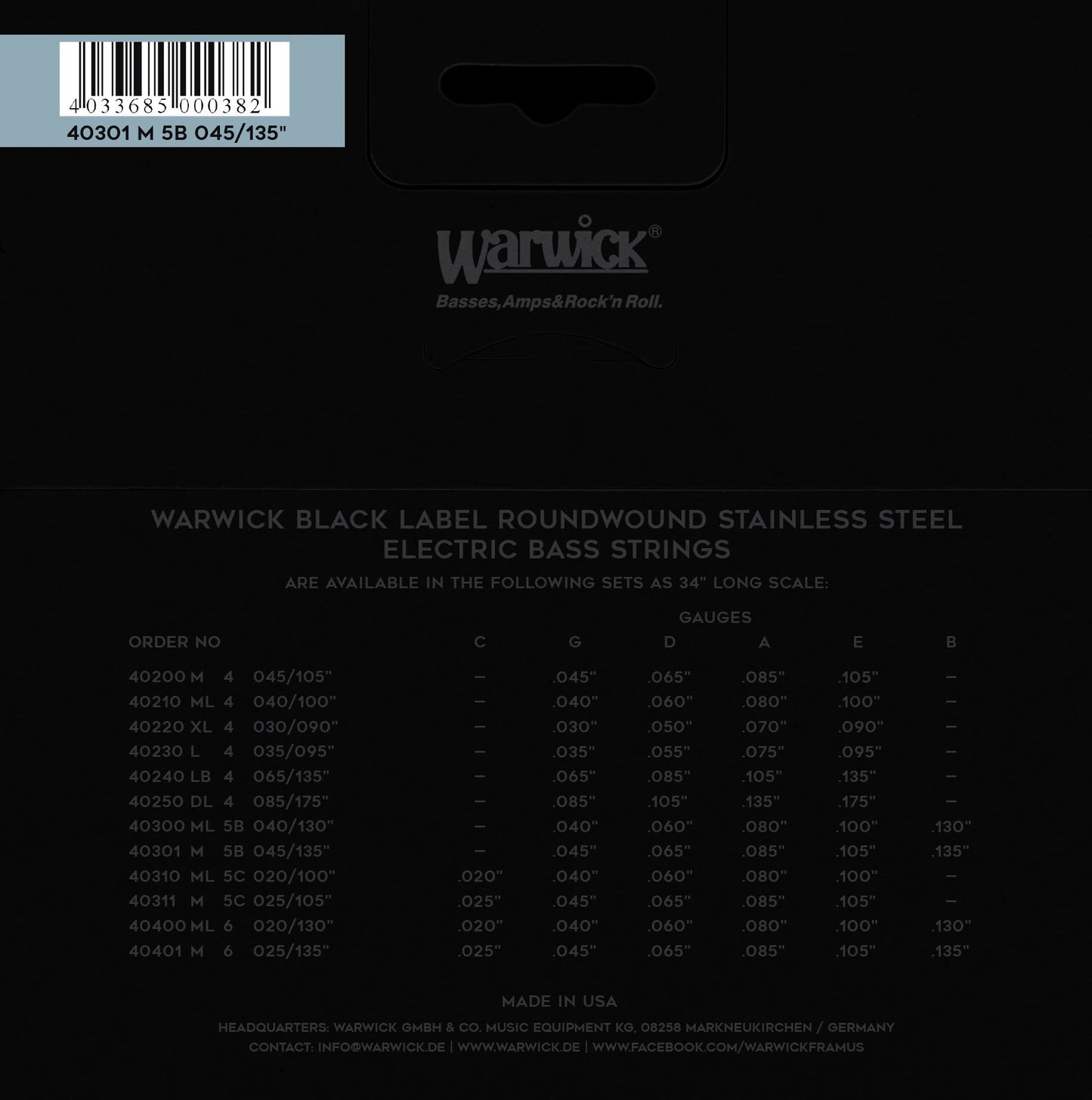 Warwick Black Label Stainless Steel Bass Strings 5-String Low B 40301 M 5B 045/135 Backup Set 2-Pack