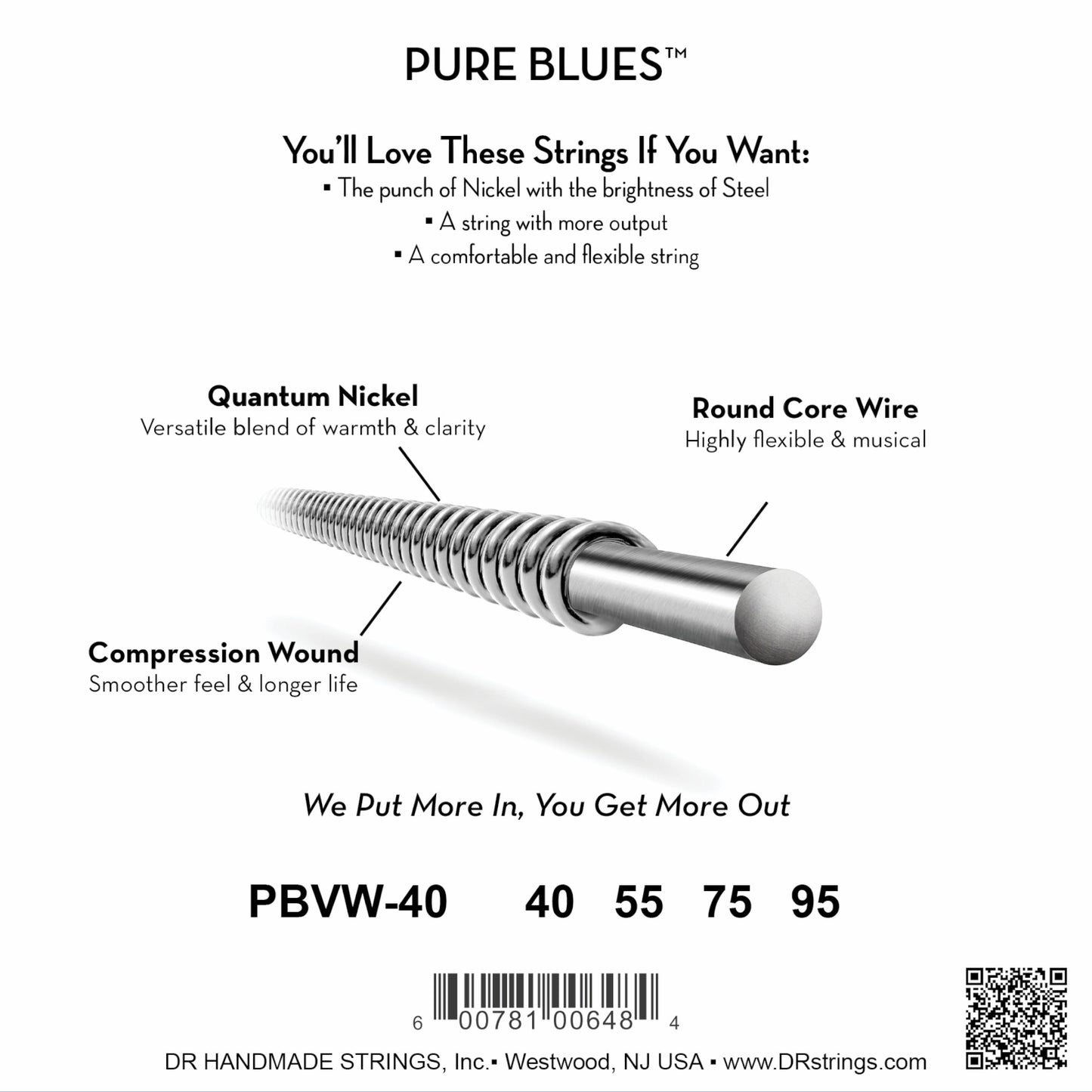 DR Strings PBVW-40 Pure Blues Victor Wooten Quantum Nickel Round Core Bass Strings 4-String 40/95