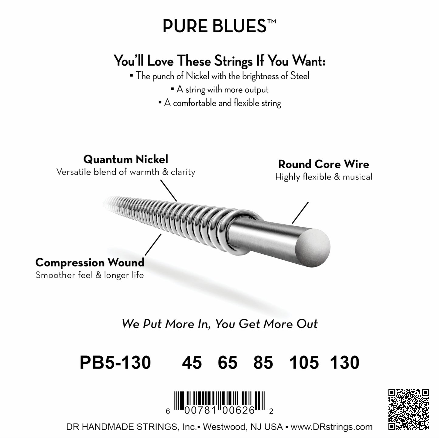 DR Strings PB5-130 Pure Blues Quantum Nickel Round Core Bass Strings 5-String 45/130