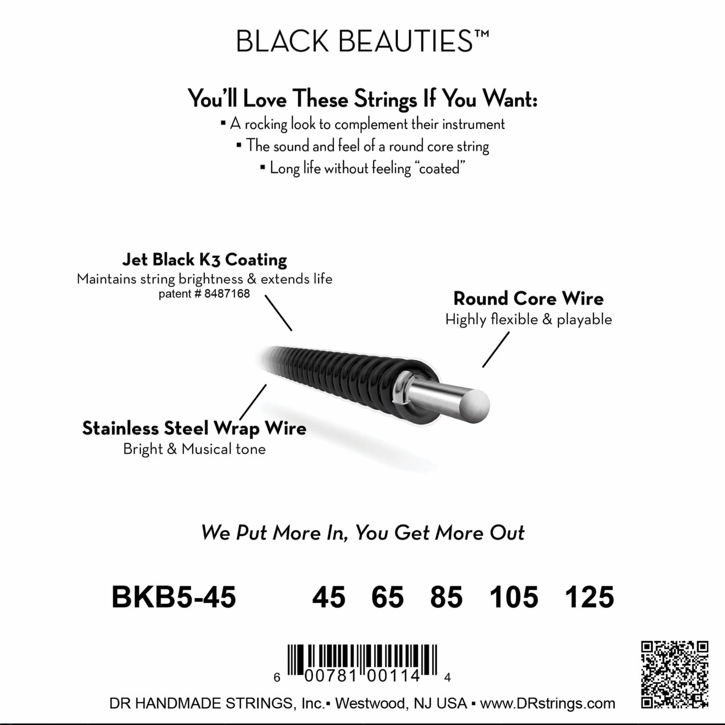 DR Strings BKB545 Black Beauties K3 Coated Bass Strings 5-String 45/125