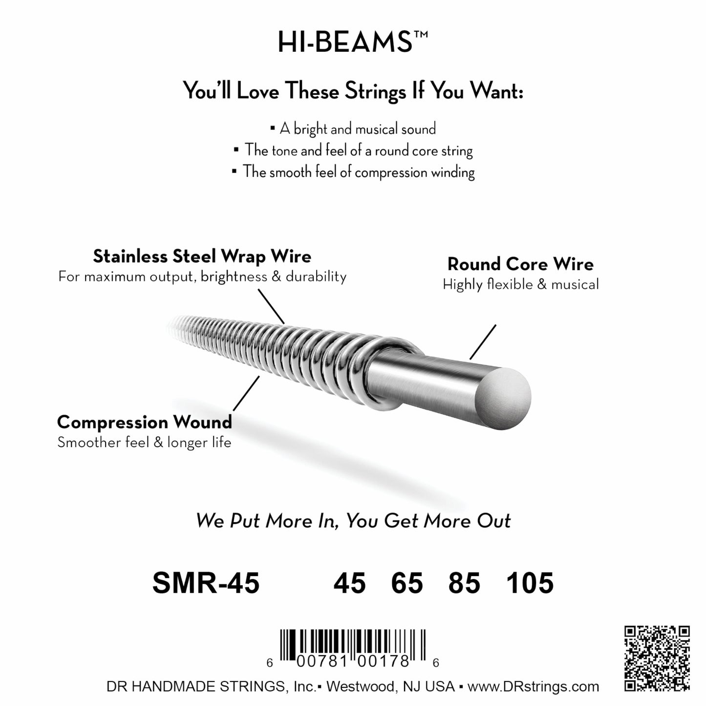 DR Strings SMR-45 Hi-Beams Stainless Steel Round Core Short Scale Bass Strings 4-String 45/105