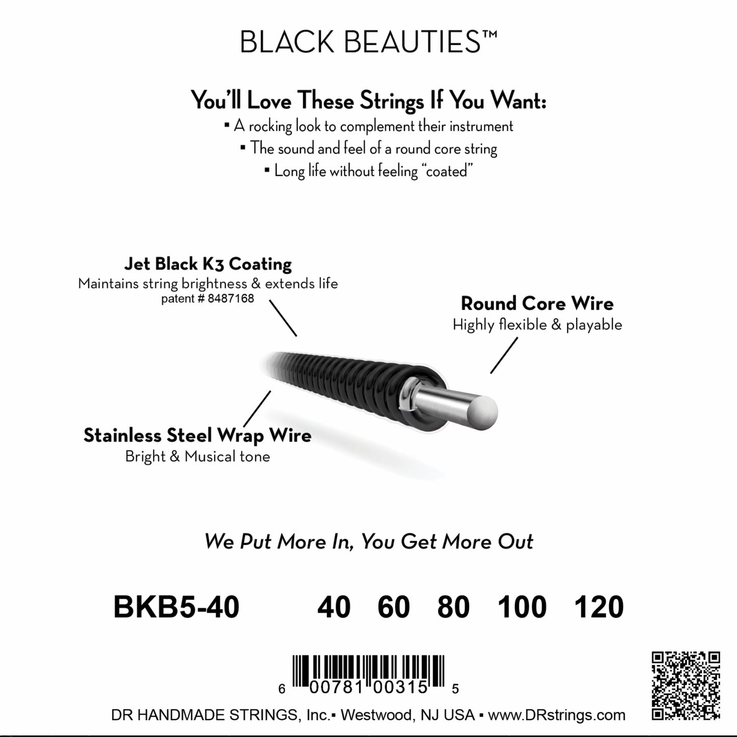 DR Strings BKB5-40 Black Beauties K3 Coated Bass Strings 5-String 40/120