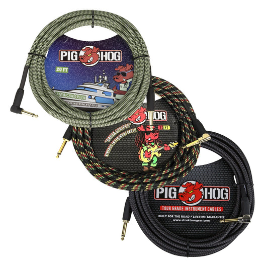 FX Loop and Input Kit - 3x Pig Hog PCH20R Tour Grade 20ft ST-RA Instrument Cables, Black/Green/Striped