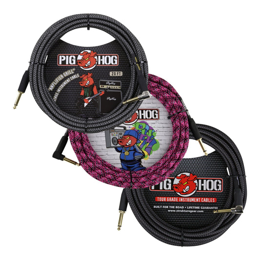 FX Loop and Input Kit - 3x Pig Hog PCH20R Tour Grade 20ft ST-RA Instrument Cables, Black/Gray/Pink