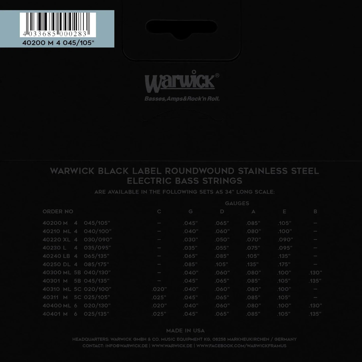 Warwick Black Label Stainless Steel Bass Strings 4-String 40200 M 4 045/105