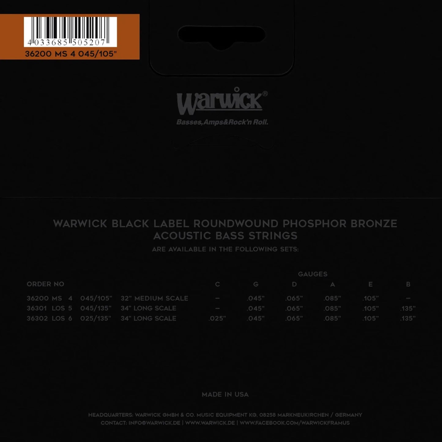 Warwick Black Label Phosphor Bronze Acoustic Bass Strings 4-String Medium Scale 36200 MS 4 045/105S