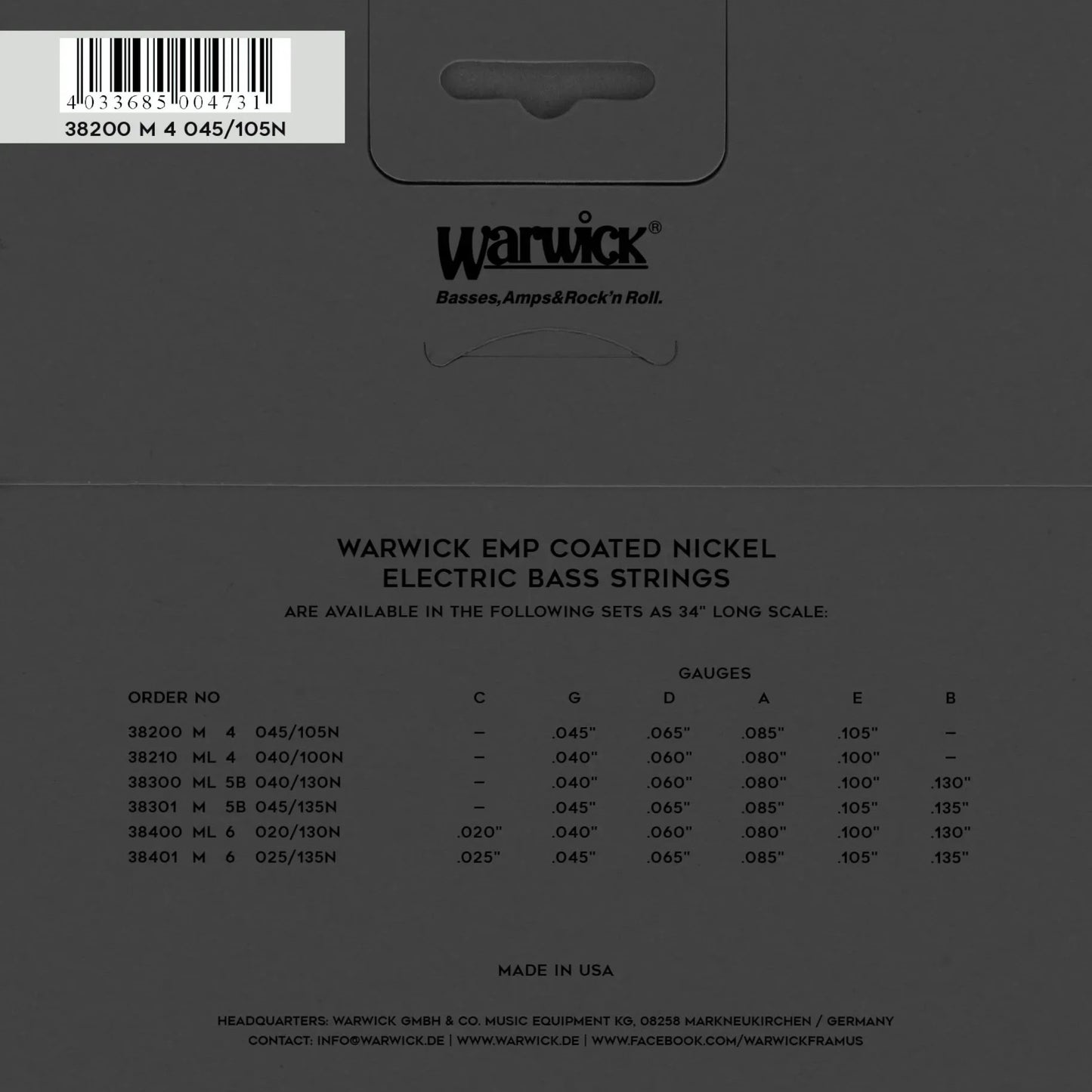 Warwick EMP Coated Nickel Bass Strings 4-String 38200 M 4 045/105N