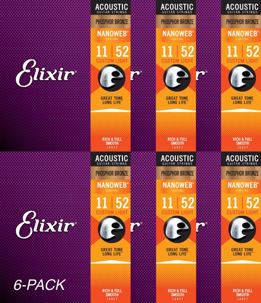 6-Pack of Elixir 16027 Phosphor Bronze Acoustic Guitar Strings with NANOWEB. Custom Light 11-52
