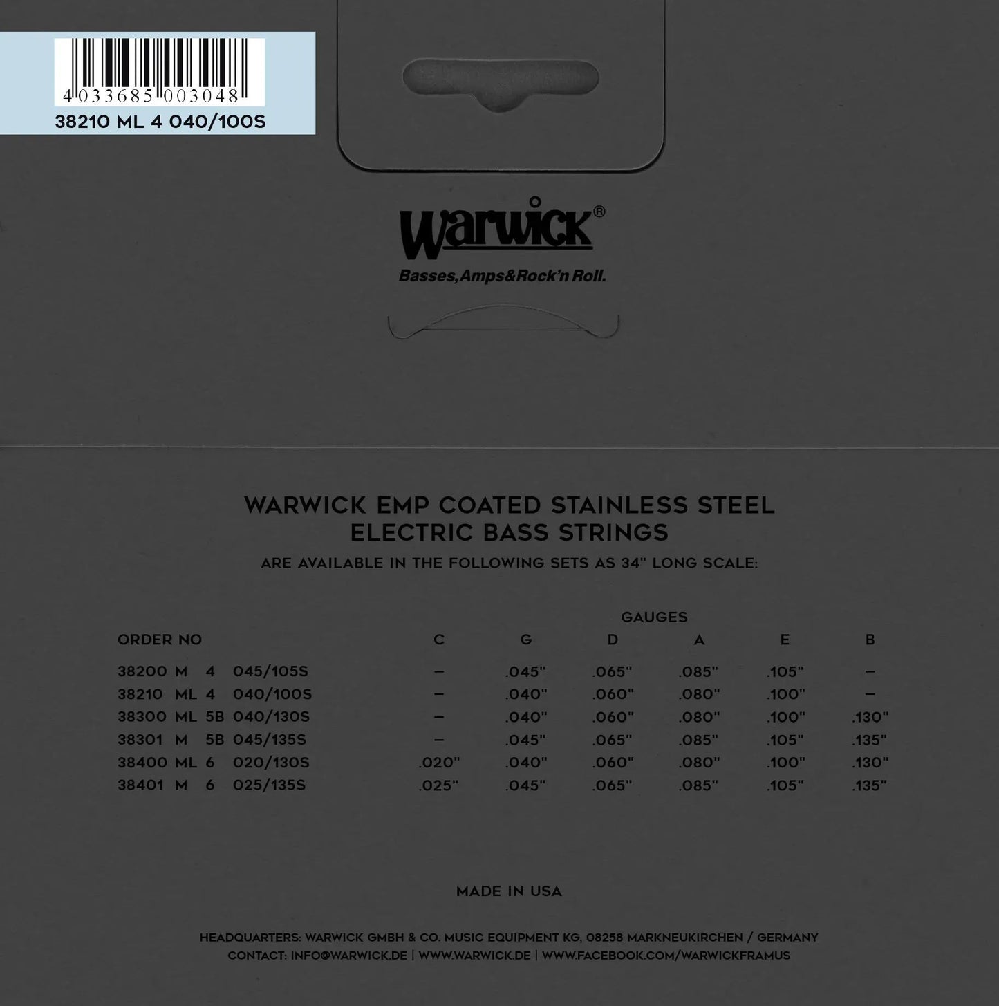 Warwick EMP Coated Stainless Steel Bass Strings 4-String Medium Light 38210 ML 4 040/100S