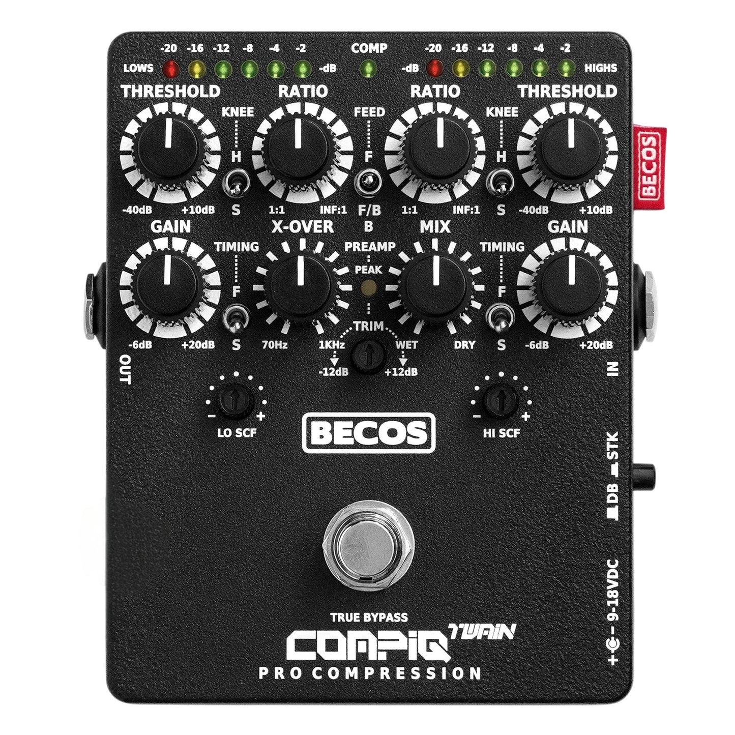 Becos CompIQ TWAIN Pro Dual Band Stacked Compressor Pedal for Bass and Guitar