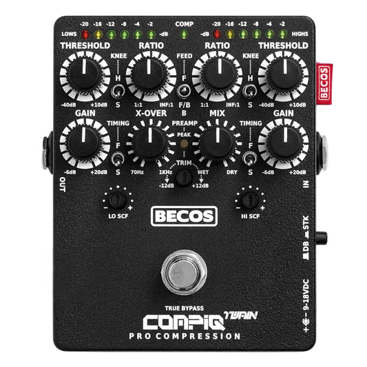 Becos CompIQ TWAIN Pro Dual Band Stacked Compressor Pedal for Bass and Guitar