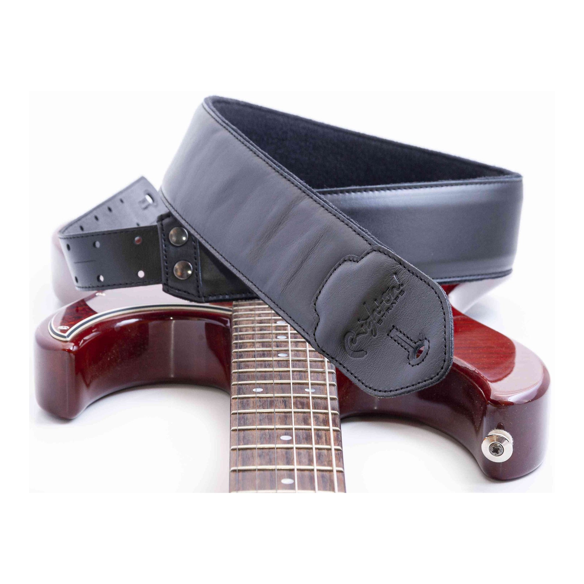 RightOn! Straps Leathercraft VINTAGE Black Padded Leather Guitar and Bass Strap with Pick Pocket