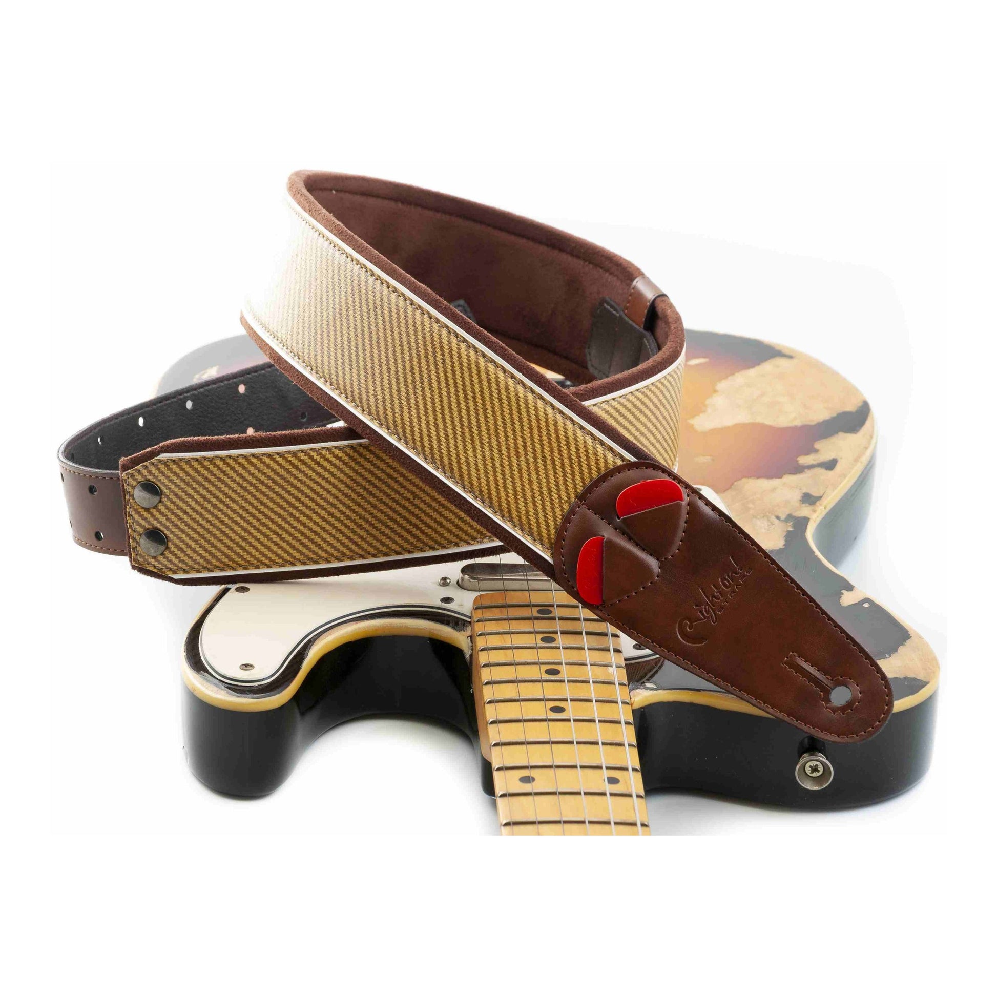 RightOn! Straps Mojo TWEED Brown Padded Vegan Guitar and Bass Strap with Pick Pocket