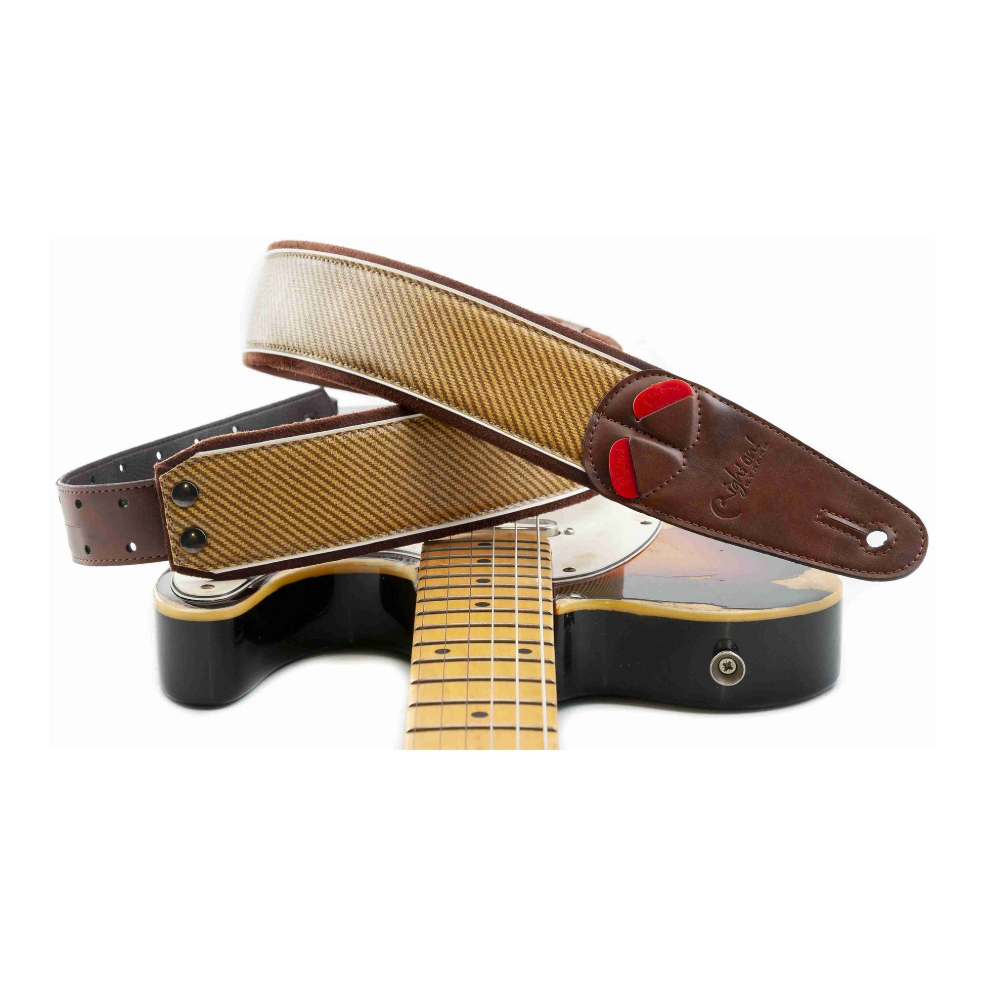 RightOn! Straps Mojo TWEED Brown Padded Vegan Guitar and Bass Strap with Pick Pocket
