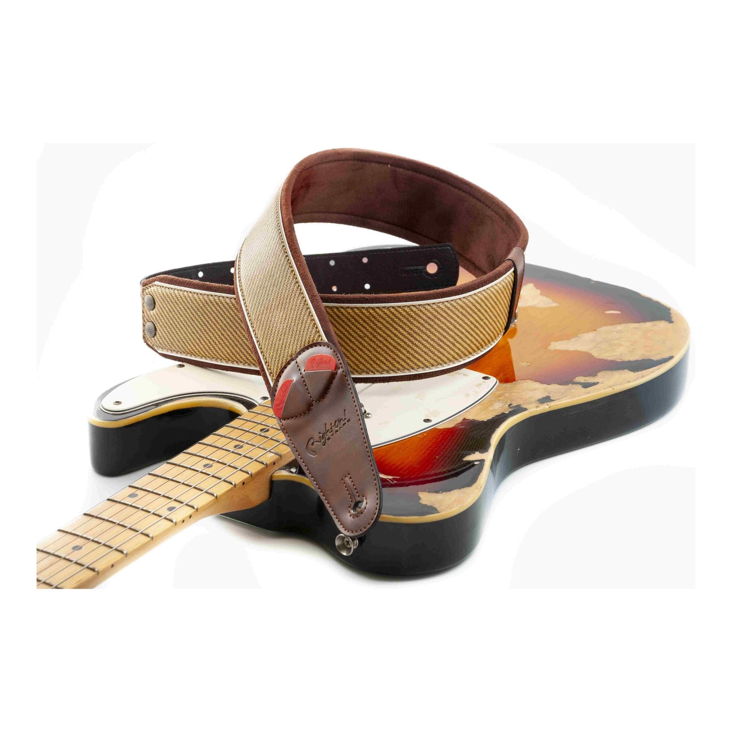 RightOn! Straps Mojo TWEED Brown Padded Vegan Guitar and Bass Strap with Pick Pocket
