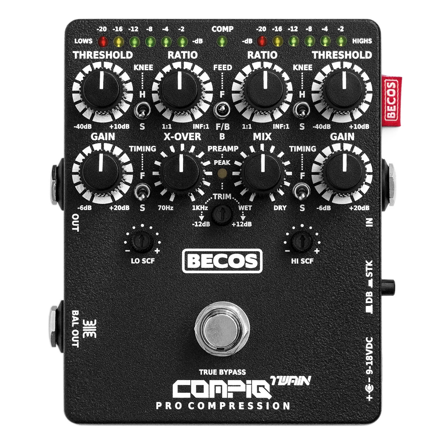 BECOS CompIQ TWAIN Pro Dual Band Stacked Compressor Pedal with DITOS for Bass and Guitar