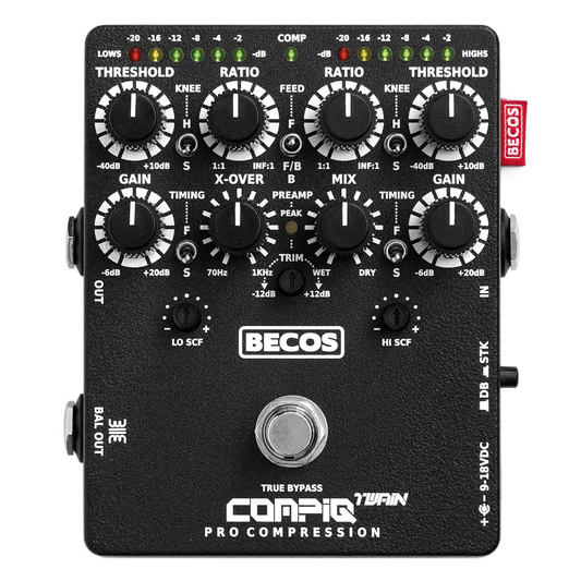 BECOS CompIQ TWAIN Pro Dual Band Stacked Compressor Pedal with DITOS for Bass and Guitar