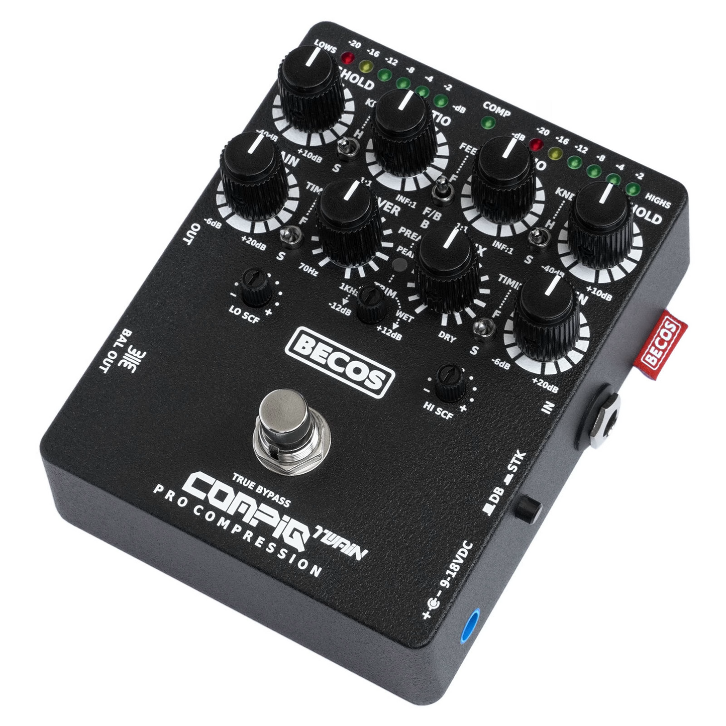 BECOS CompIQ TWAIN Pro Dual Band Stacked Compressor Pedal with DITOS for Bass and Guitar