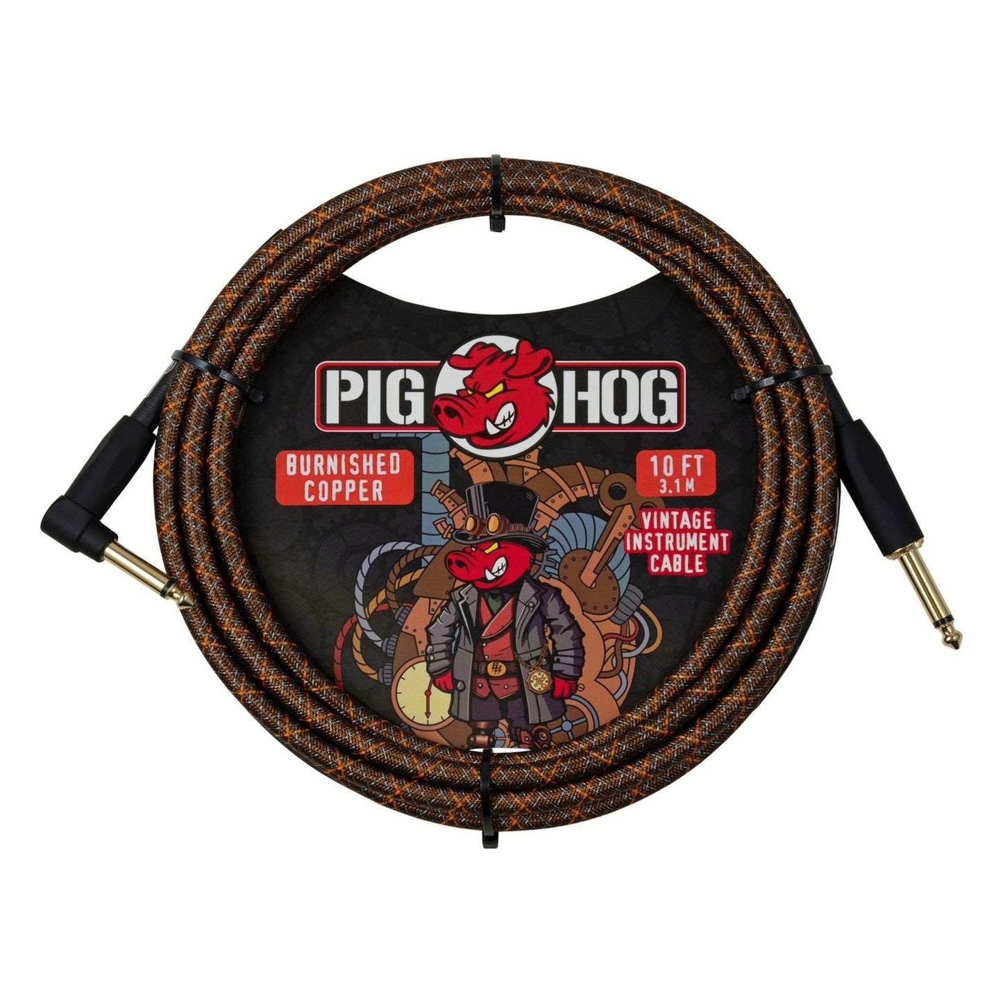 Pig Hog PCH10MBCR Vintage Woven Instrument Cable 10FT, Burnished Copper, ST-RA