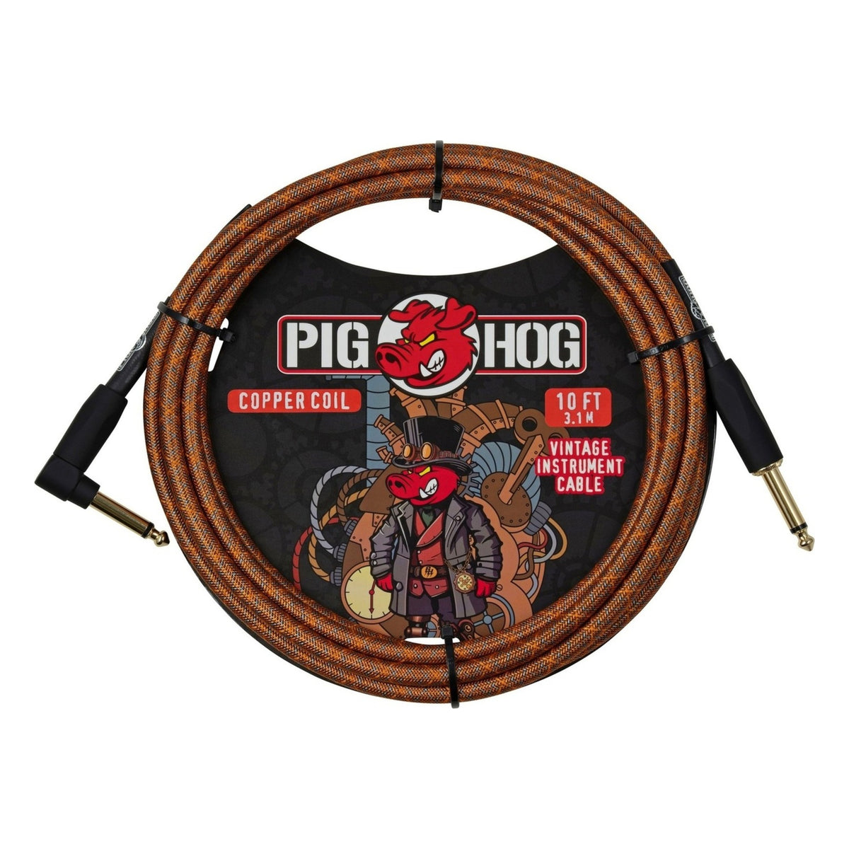 Pig Hog PCH10MCCR Vintage Woven Instrument Cable 10FT, Copper Coil, ST-RA