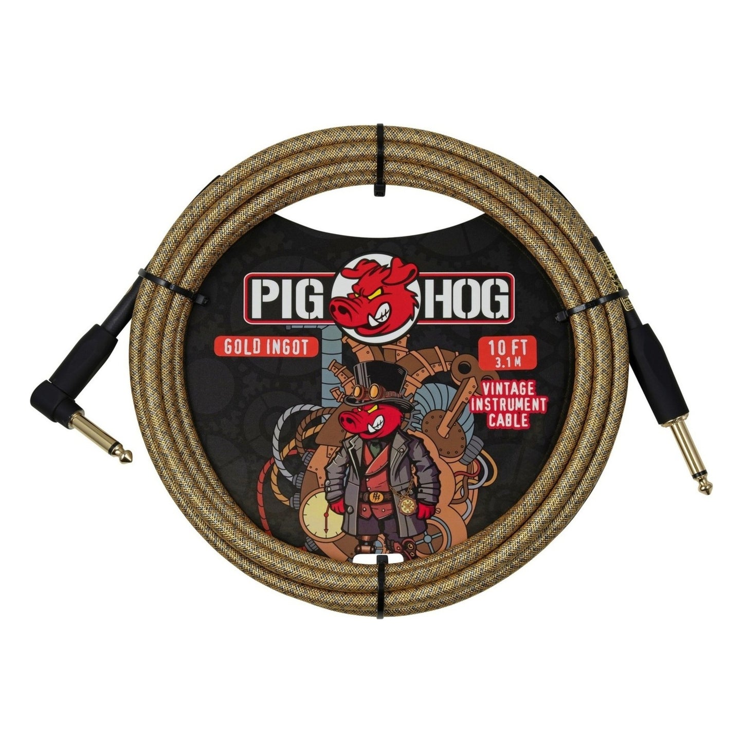 Pig Hog PCH10MGIR Vintage Woven Instrument Cable 10FT, Gold Ingot, ST-RA