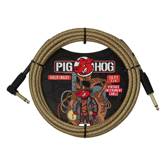 Pig Hog PCH10MGIR Vintage Woven Instrument Cable 10FT, Gold Ingot, ST-RA