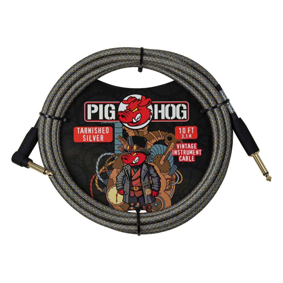 Pig Hog PCH10MTSR Vintage Woven Instrument Cable 10FT, Tarnished Silver, ST-RA