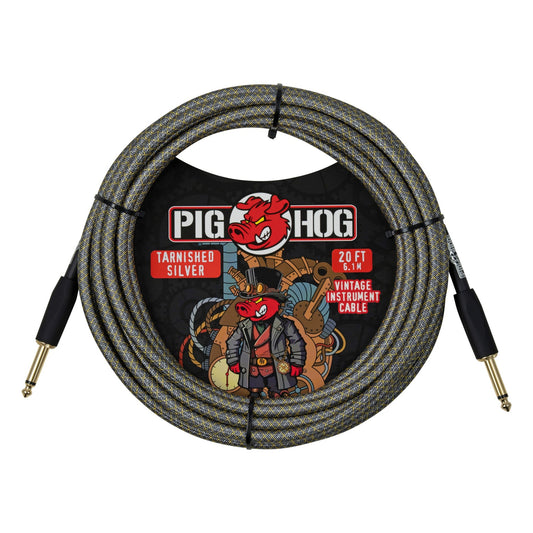 Pig Hog PCH20MTS Vintage Woven Instrument Cable 20FT, Tarnished Silver, ST-ST