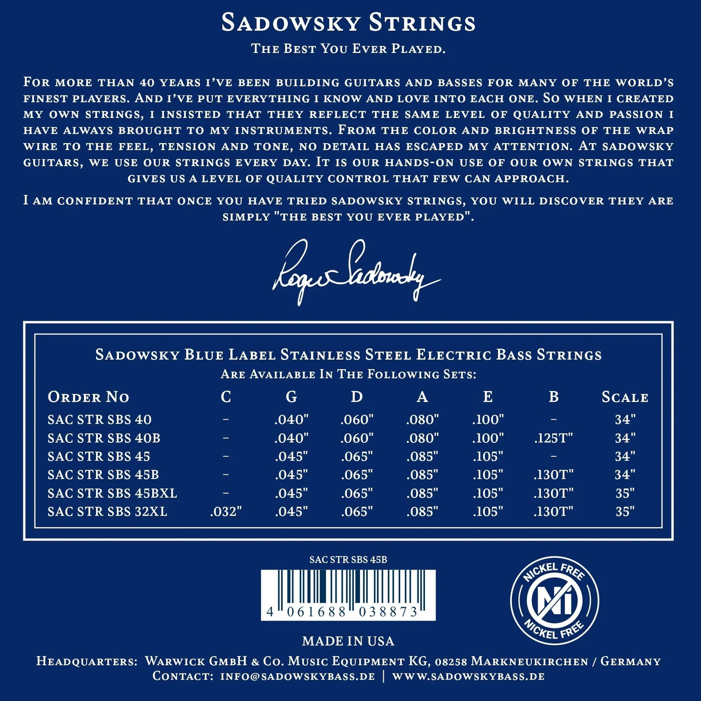 Sadowsky SAC STR SBS 45B Blue Label Electric Bass Strings, 5-String Set, Stainless Steel, .045"/.130T, 34" Long Scale