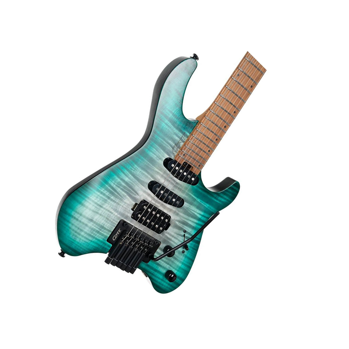 Cort Space G6TR Headless Electric Guitar with Gig Bag, Semi Gloss Lagoon Angle View