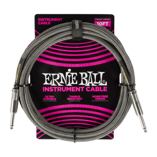 Ernie Ball Braided Instrument Cable Straight/Straight 10ft - Silver Fox (P06429)