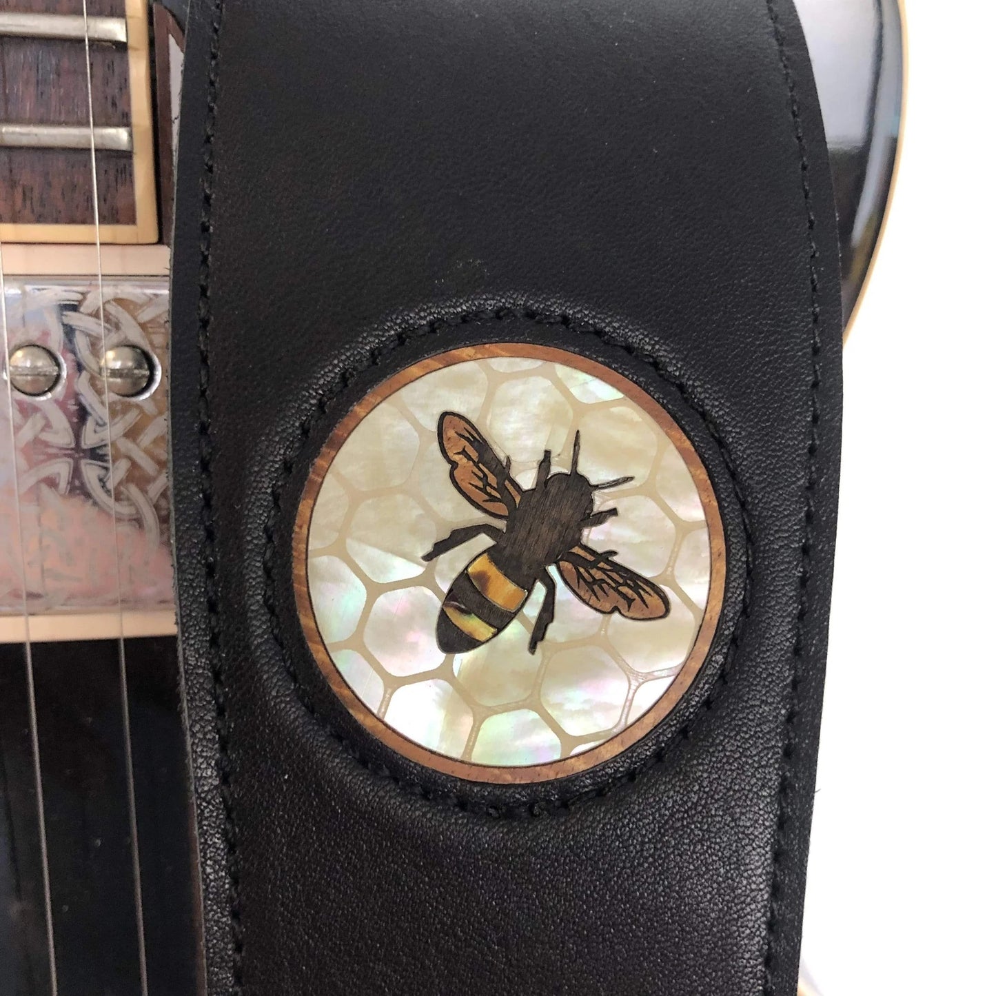 Thalia Capos Strap, Italian Leather with Hawaiian Koa Bee and Vintage Pearl Honeycomb Inlay, Black