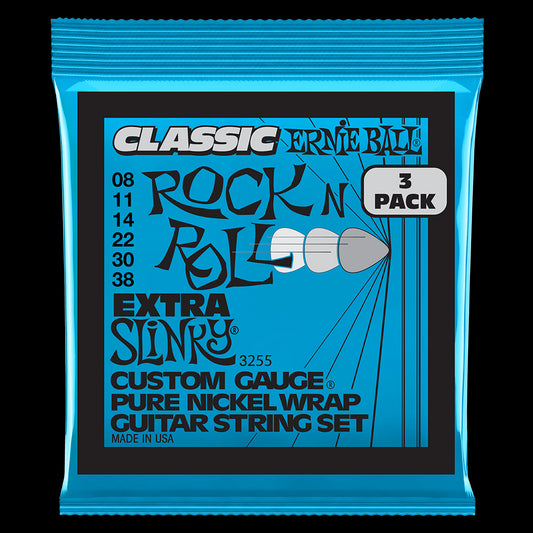 Ernie Ball 3255 Extra Slinky Classic Rock n Roll Pure Nickel Wrap Electric Guitar Strings 8-38 Gauge - 3 Pack