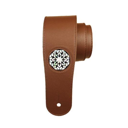 Thalia 2.5" Premium Brown Italian Leather Guitar/Bass Strap with Stargazer Ebony Inked Pearl Shell Medallion