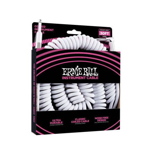 Ernie Ball 30' Coiled Straight / Angle Instrument Cable, White