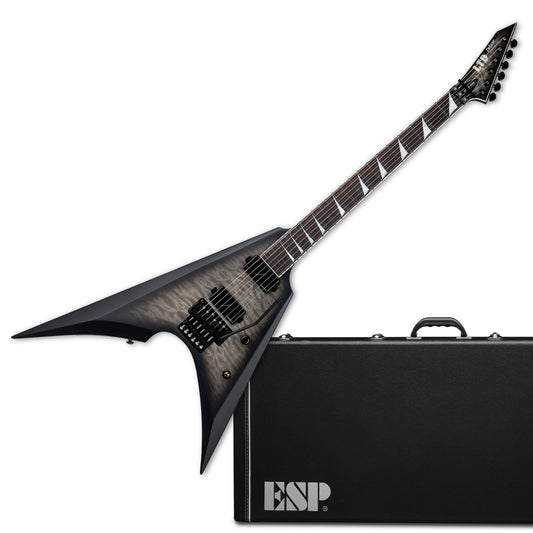 LTD (ESP) Deluxe Arrow-1000, Quilted Maple Charcoal Burst Satin with Form-Fit Hardshell Case