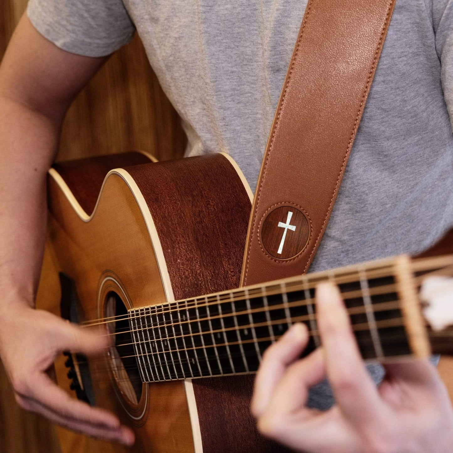 Thalia 2.5" Brown Premium Italian Leather Strap, AAA Hawaiian Koa Disc with Mother of Pearl Cross Inlay (TH-SBRPC-HK)