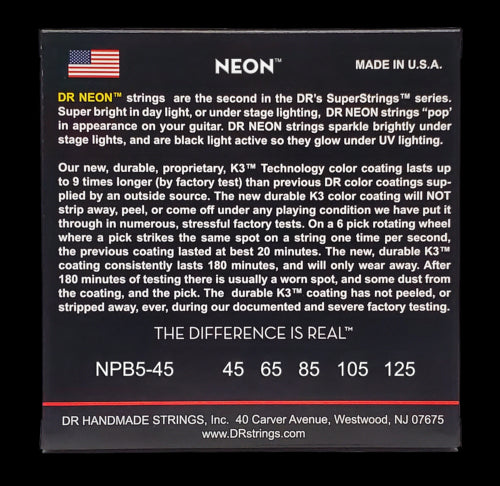 DR Strings Neon Pink Bass Strings 5-String Set (45-125), K3 Coated, NPB5-45