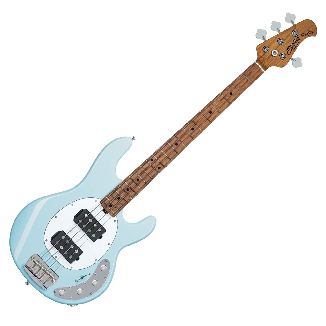 Sterling by Music Man StingRay Ray34 HH 4-String Bass, Daphne Blue, Roasted Maple Neck