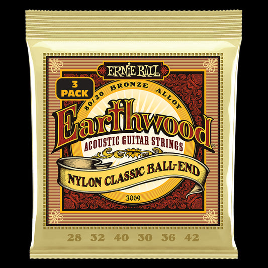 Ernie Ball 3069 Earthwood 80/20 Bronze Nylon Ball End Folk/Classical Guitar Strings - Clear & Gold - 3 Pack