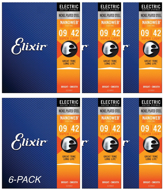 6-Pack of Elixir 12002 Nickel Plated Steel Electric Guitar Strings with NANOWEB. Super Light 9-42