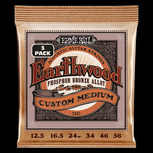 Ernie Ball 3543 Custom Medium Earthwood Phosphor Bronze Acoustic Guitar Strings 12.5-56 Gauge - 3 Pack