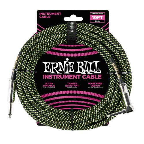 Ernie Ball 10' Braided 1/4" Straight / Angle Instrument Cable - Black/Green (10-foot)