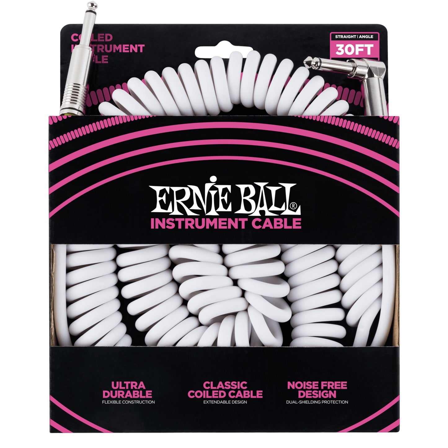 Ernie Ball 30' Coiled Straight / Angle Instrument Cable, White